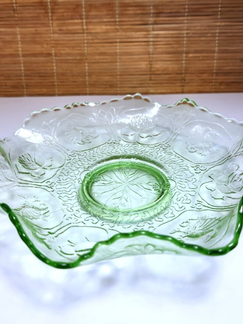 Antique Fenton Green Glass Dragon & Lotus Ruffled Bowl 1915 Uranium EAPG